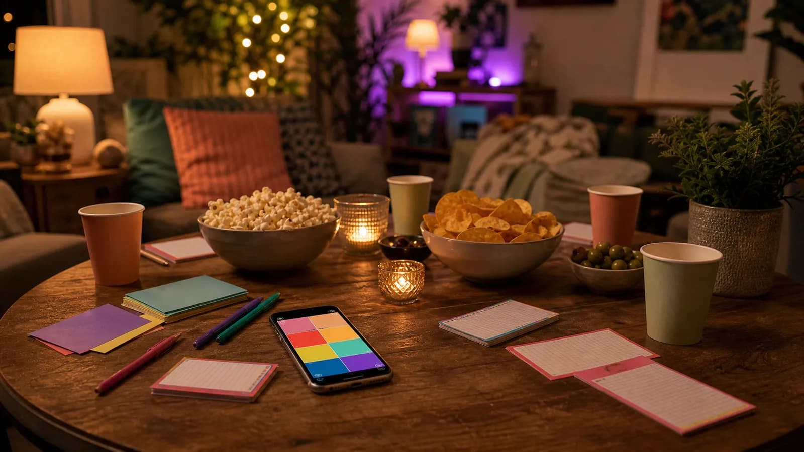 Low-pressure party table with phone, snacks and simple prompt cards before the first game.