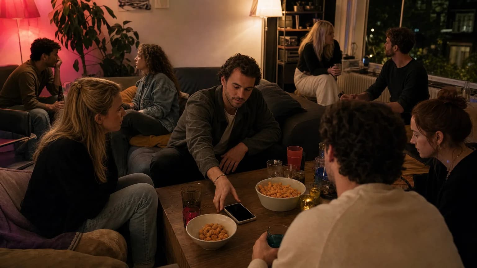 House party where quiet groups are about to be brought together with one shared phone game.