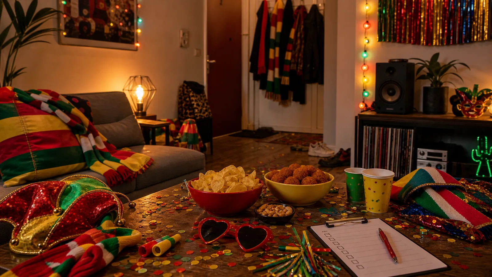 Carnaval pre-party thuis met kleurrijke accessoires, jassen bij de deur, snacks en warme verlichting.