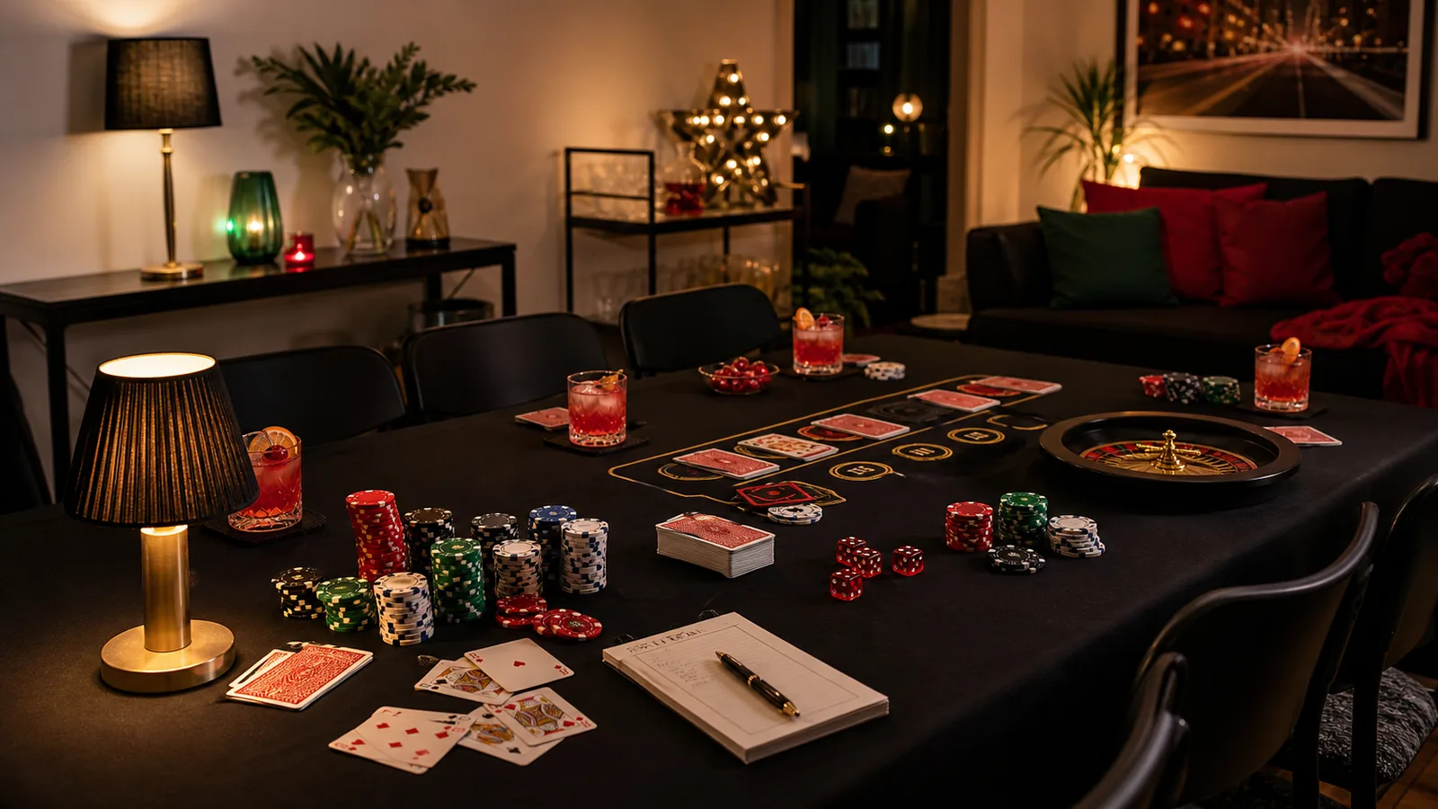Eettafel ingericht voor casino night met kaarten, fiches, scoreblok en warme lampen in een woonkamer.