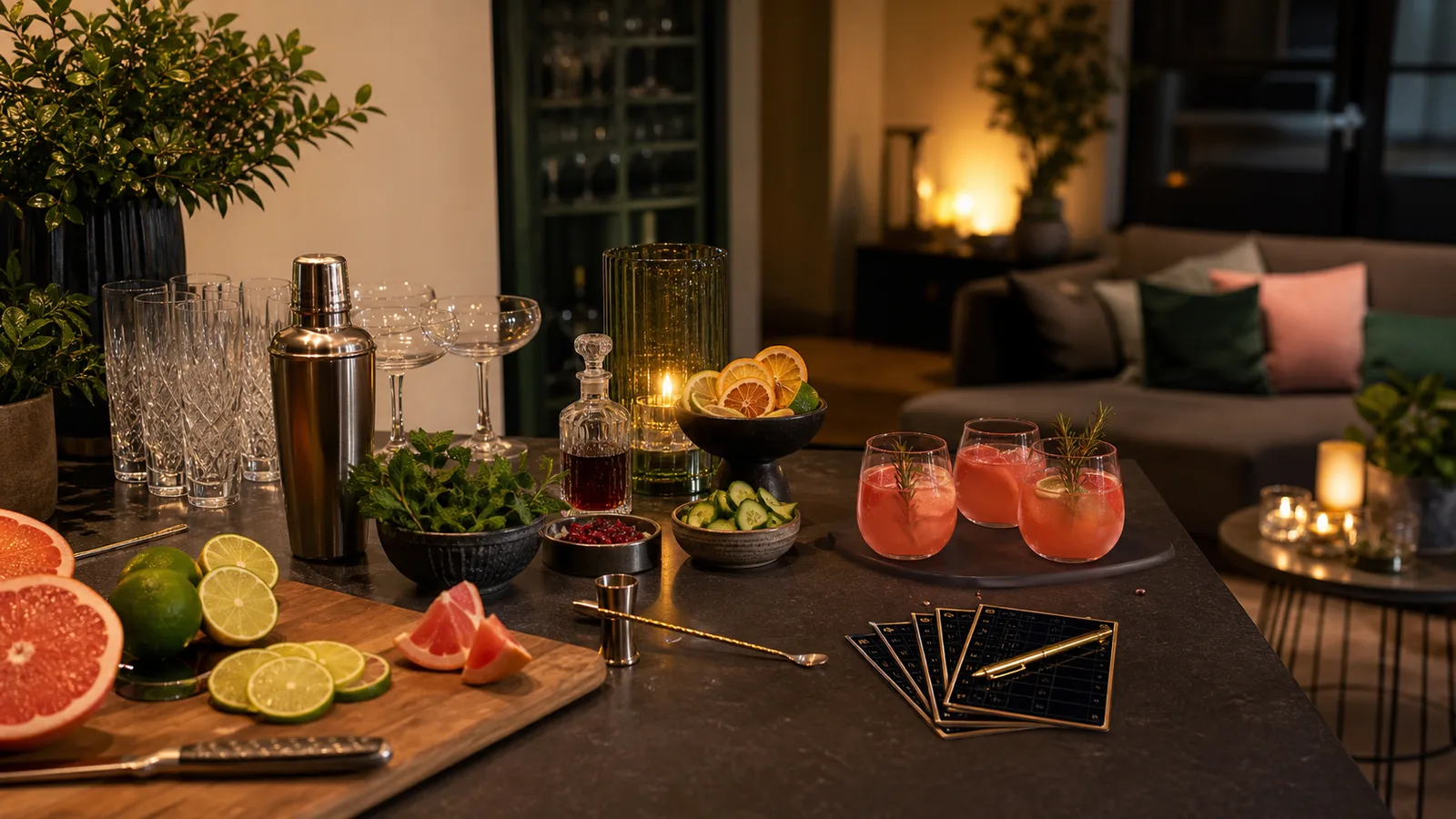 Thuisbar met citrus, shaker, glazen, kruiden en roze cocktails in een warme woonkamer.