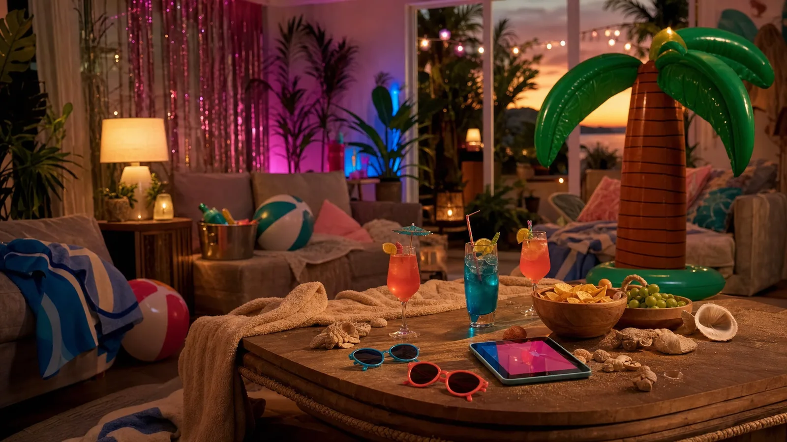 Woonkamer ingericht als beach villa party met palm, mocktails, zonnebrillen en tablet op tafel.