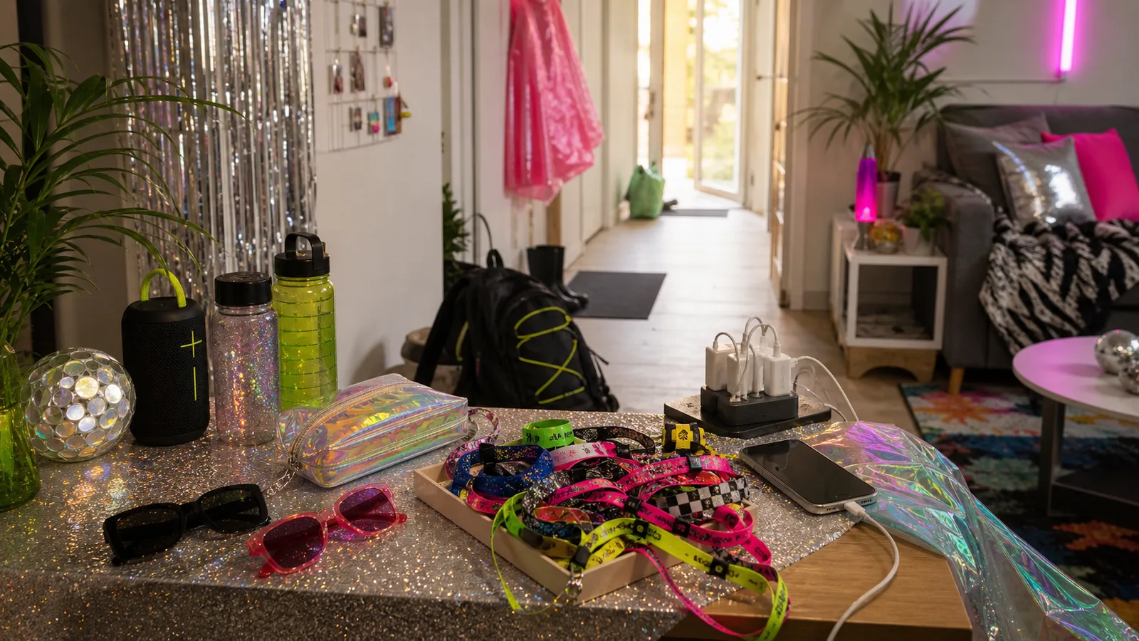 Festival pre-party tafel thuis met glitter, zonnebrillen, waterflessen, poncho en spullen voor vertrek.