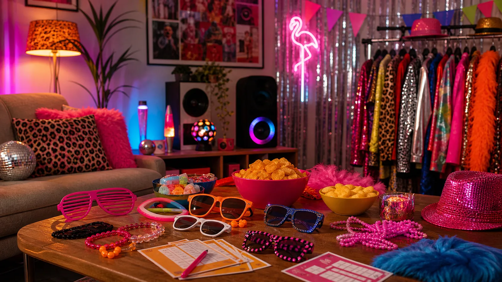 Woonkamer voorbereid voor een foute party met felle accessoires, kledingrek, partylichten en snacktafel.