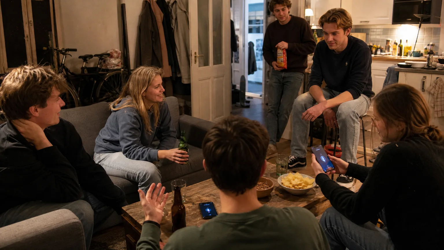 Studentenhuis huisavond met snacks, gedeelde woonkamer en telefoonspel op tafel.