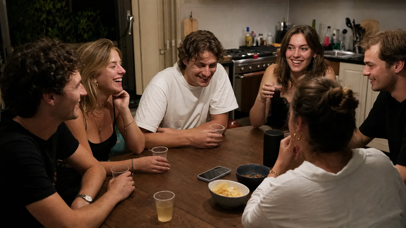 Studenten in een keuken tijdens indrinken met snacks, drankjes en een telefoon voor een groepsspel.