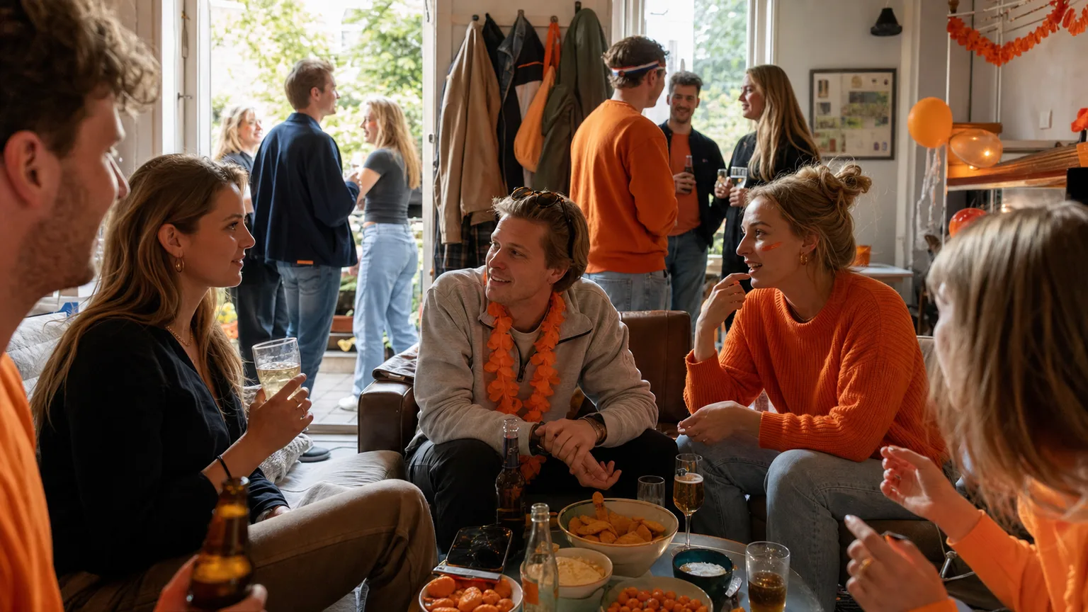 Koningsdag huisfeest in een woonkamer met oranje accenten, borreltafel en telefoon voor party games.