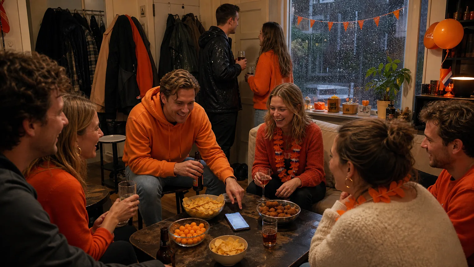 Regenachtige Koningsdag binnen met oranje accenten, natte jassen en telefoonspel op tafel.