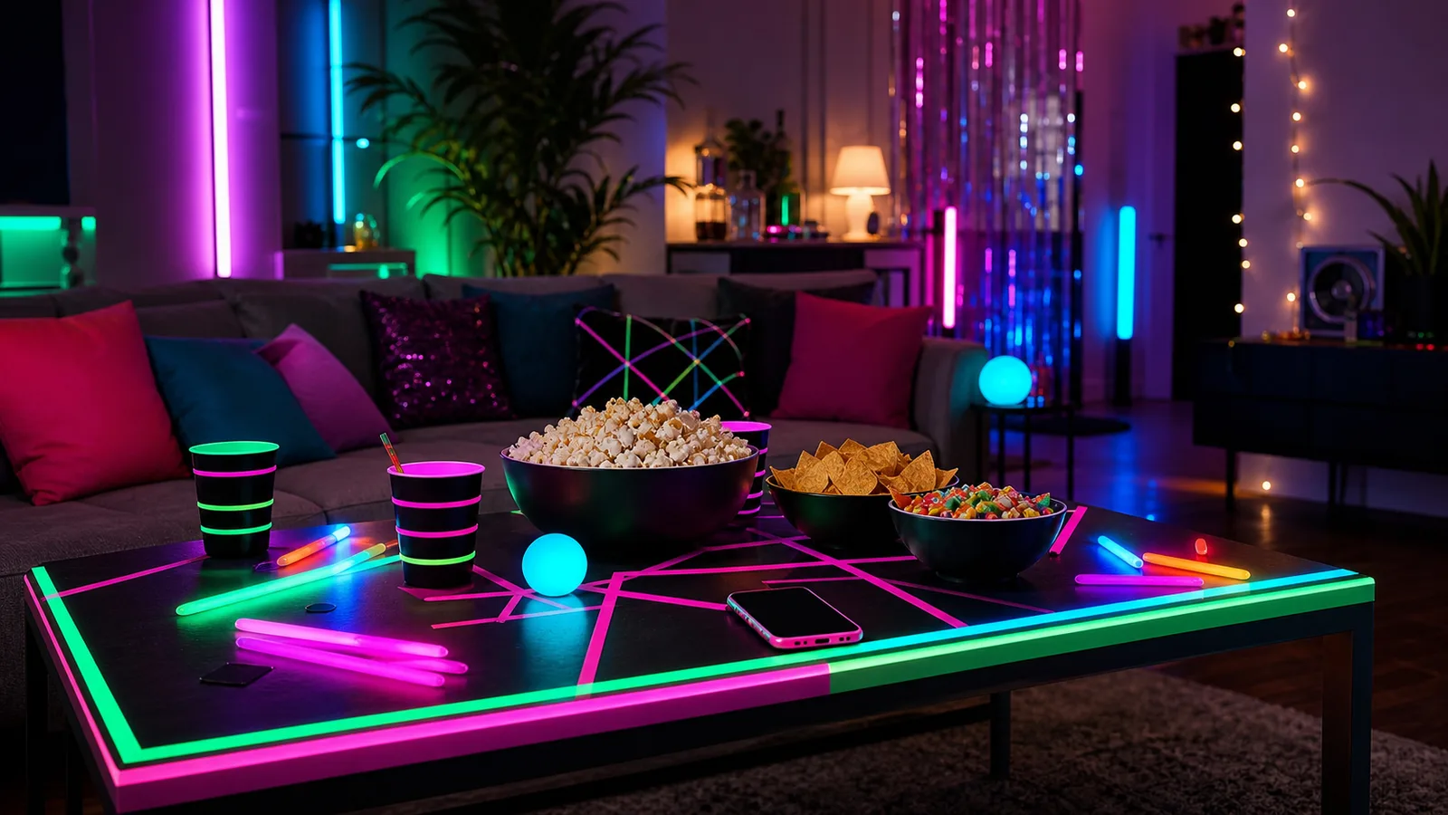 Woonkamer met neonlichten, glowsticks, zwarte tafel, snacks en telefoon klaar voor party tools.
