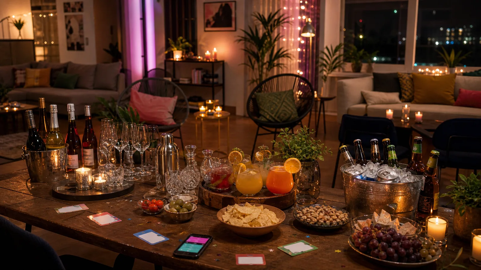 Woonkamer met drankzones, naamkaartjes, snacks en telefoon voor een gemengde groep collega's, partners en vrienden.