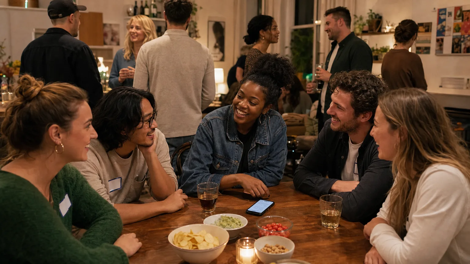 Gemengde vriendengroep rond een tafel met naamstickers, snacks en telefoon voor icebreaker prompts.