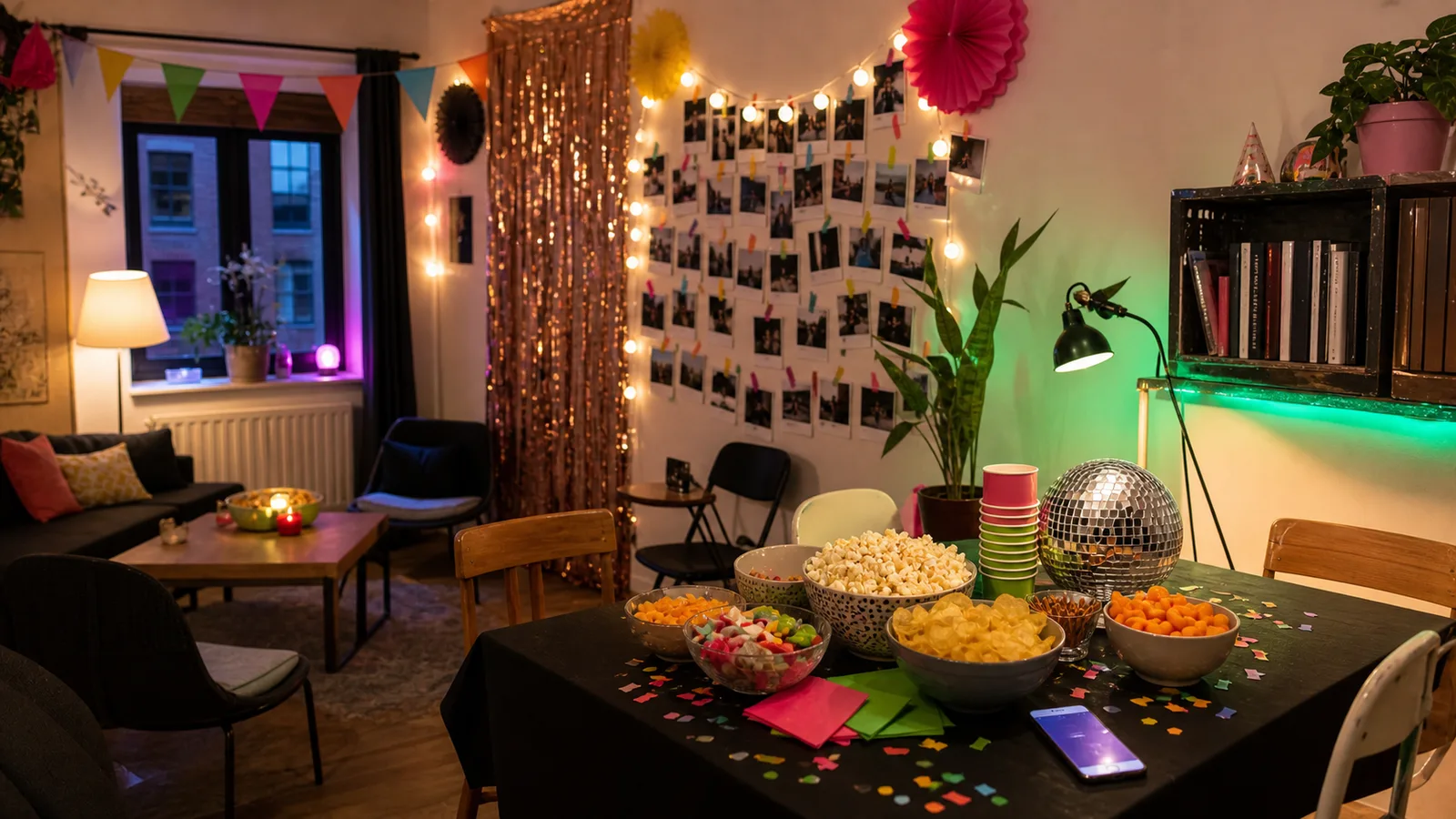 Studentenhuis woonkamer met DIY decoratie, fotohoek, gekleurde lampen en snacktafel voor een budget themafeest.