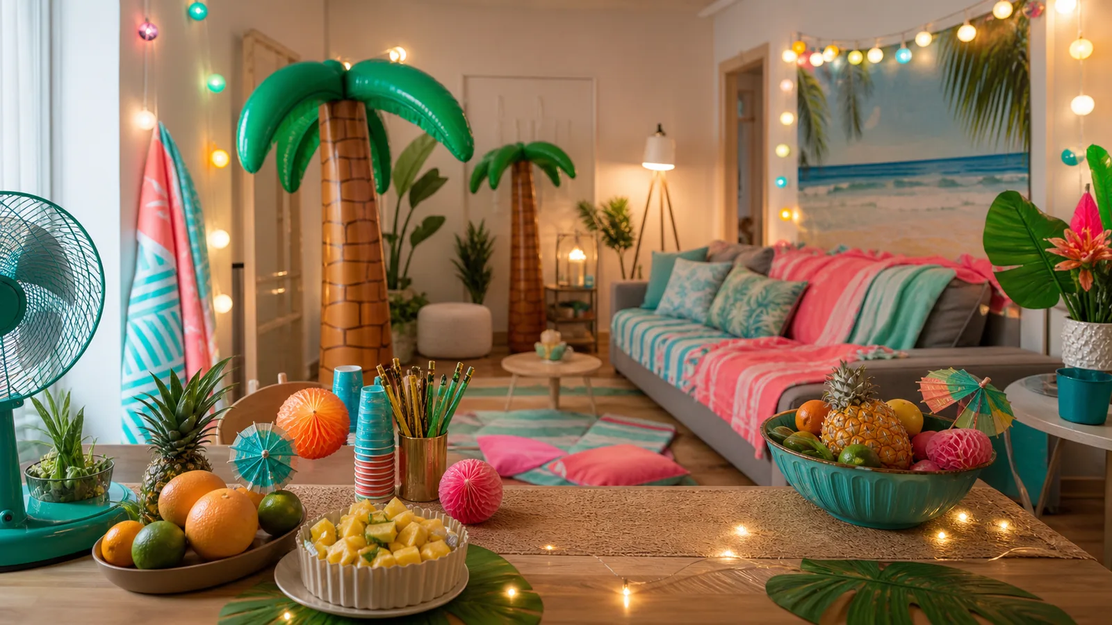 Kleine woonkamer ingericht als tropical beach party met palmen, lichtsnoeren, fruit en kleurrijke decoratie.
