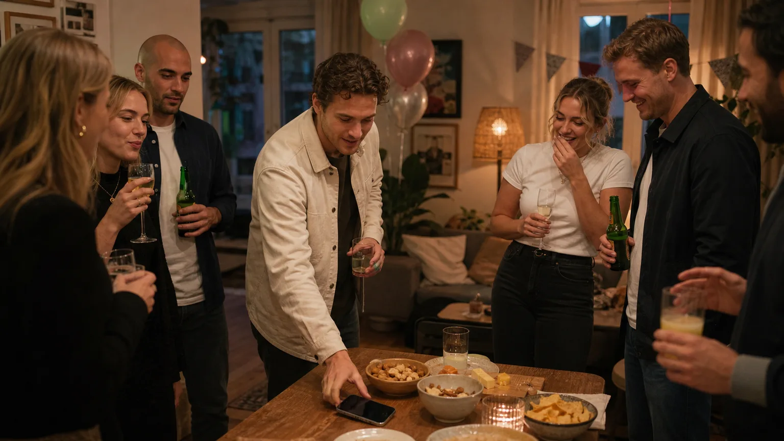Verjaardag in een woonkamer zonder vaste kring, met gasten rond een tafel en telefoon voor prompts.